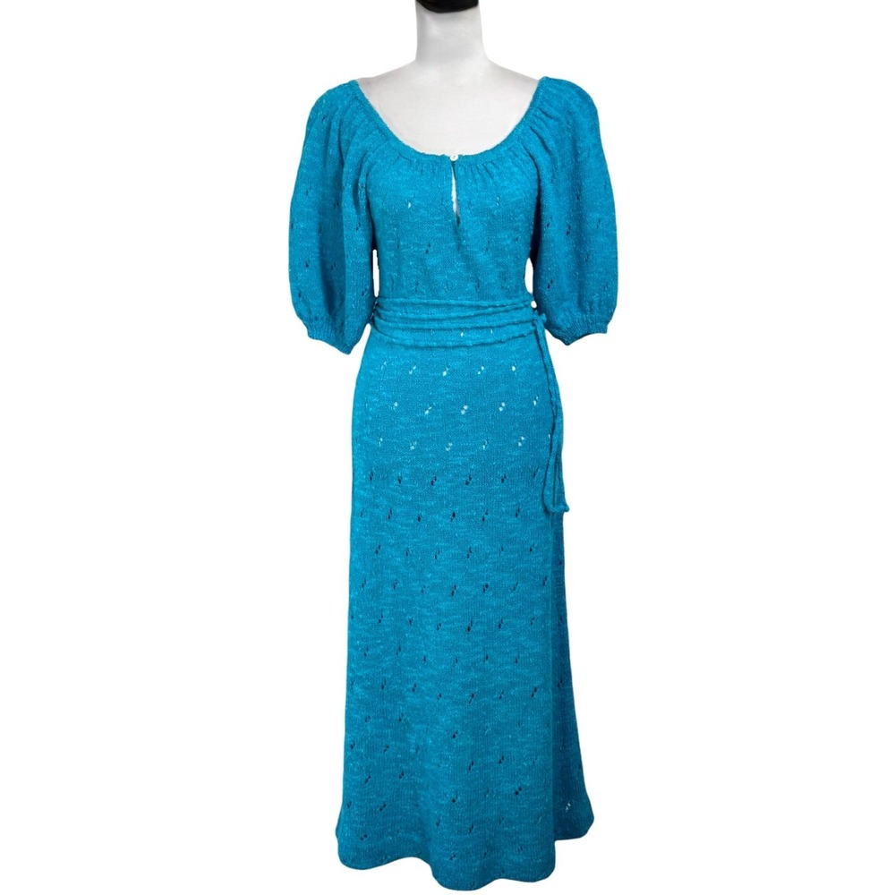 Vintage 70s Boho Crochet Knit Maxi Dress Sz S Blue Peasant Cottagecore Festival